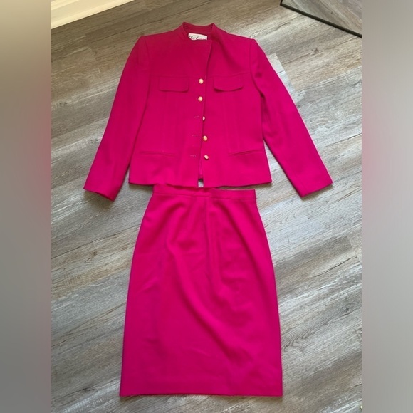 VTG Oleg Cassini Blazer Suit Wool Set Skirt Magenta Fuschia Pink Size 10 S M - Picture 1 of 14